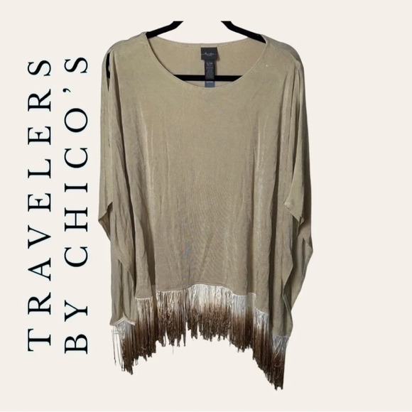 Women’s TRAVELERS BY CHICO’S FRINGE‎ TOP BROWNS IN COLOR SIZE S/MP - Picture 1 of 9